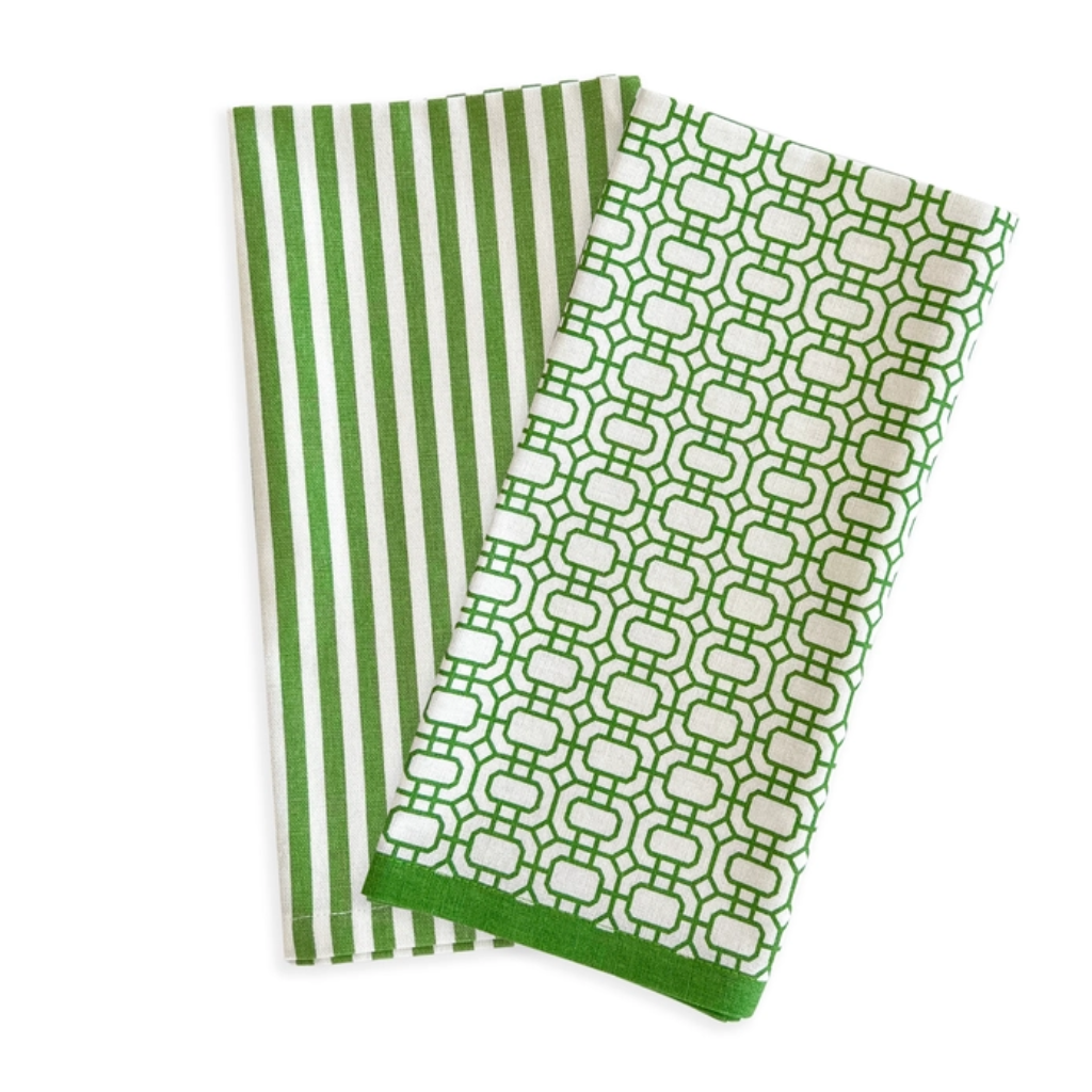 Newport Garden Gate & Pinstripe Verde Kitchen Towels, Mixed Set of 2