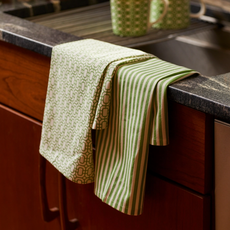 Newport Garden Gate & Pinstripe Verde Kitchen Towels, Mixed Set of 2