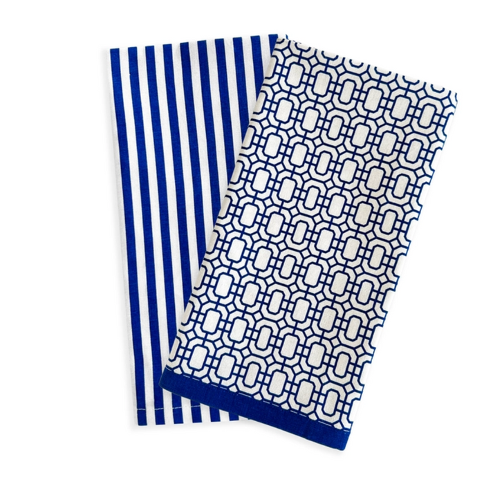 Newport Garden Gate & Pinstripe Blue Kitchen Towels, Mixed Set of 2