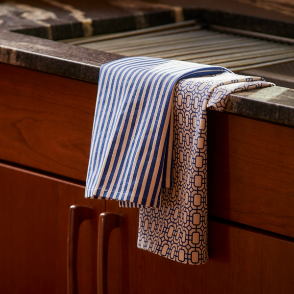 Newport Garden Gate & Pinstripe Blue Kitchen Towels, Mixed Set of 2